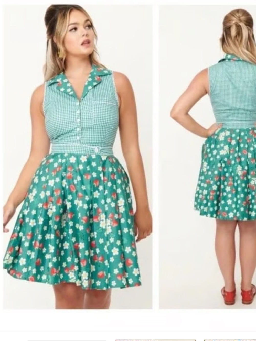 UNIQUE VINTAGE Teal Strawberry and Floral Print Swing Skirt